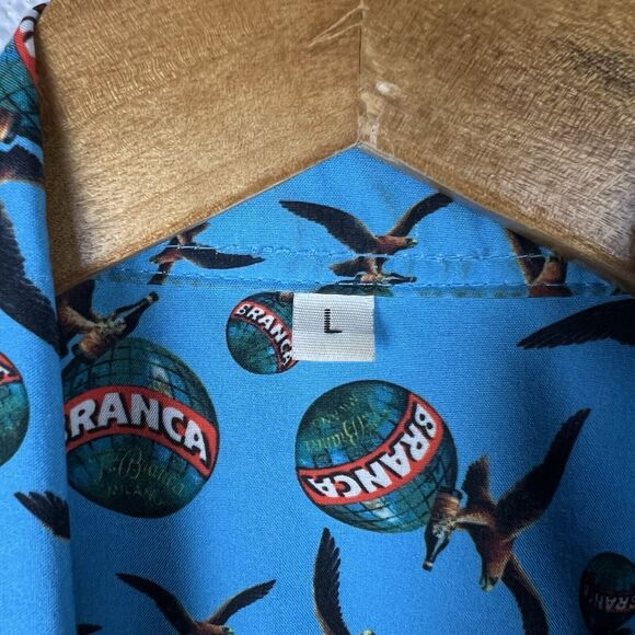 RARE Fernet Branca Sz L Button Shirt Blue Stretch Short Sleeve Graphic Logo AOP - Picture 5 of 7